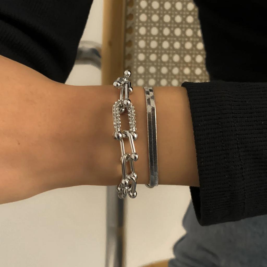 A Suit of Vintage Simple Snake Chain Metal Bracelet Set for Woman Hip Hop Individuality U Shape Bracelet Paty Jewelry Gifts