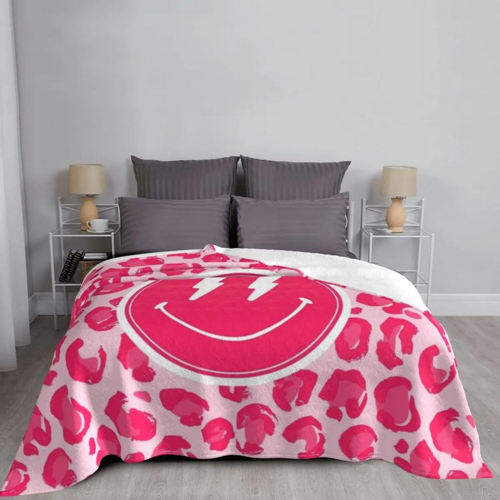 Preppy School Supplies, Preppy, Aesthetic, Pink, Leopard Print, Smile, Preppy Throw Blanket Comforter Luxury Throw Blankets