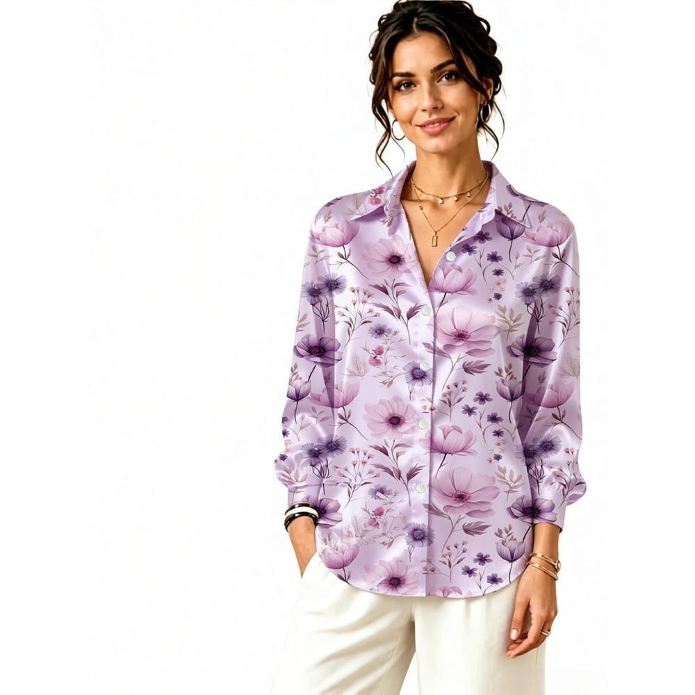 Light Purple Floral Print Satin Long Sleeve Shirt, Women Lapel Blouse for Office & Daily