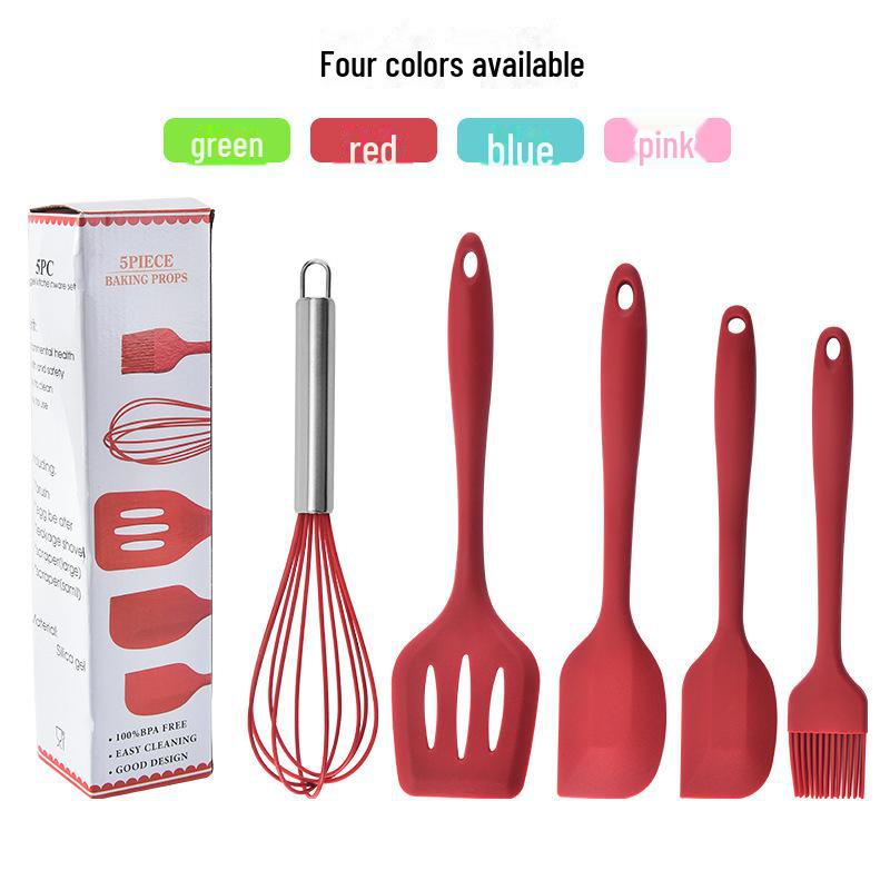 Five-Piece Silicone Kitchen Tool Set: Egg Beater, Scraper, Steak Frying Spatula, and Drain Spatula. Ideal for Baking and Cooking.