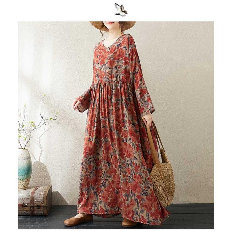 Round Neck Long Sleeve Loose Literary Vacation Style Plus Size Skirt