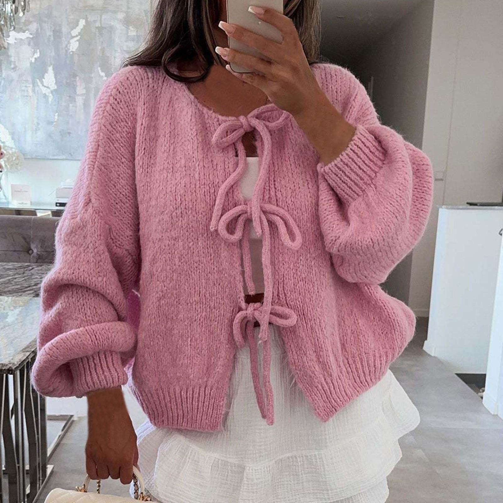 

Женский кардиган с круглым вырезом и длинными рукавами, на шнуровке, приталенный M розовый