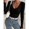 Womens V-Neck Long Sleeve Slim Fit Knit Top - Solid Color Cropped Sweater Layering Casual Chic Style