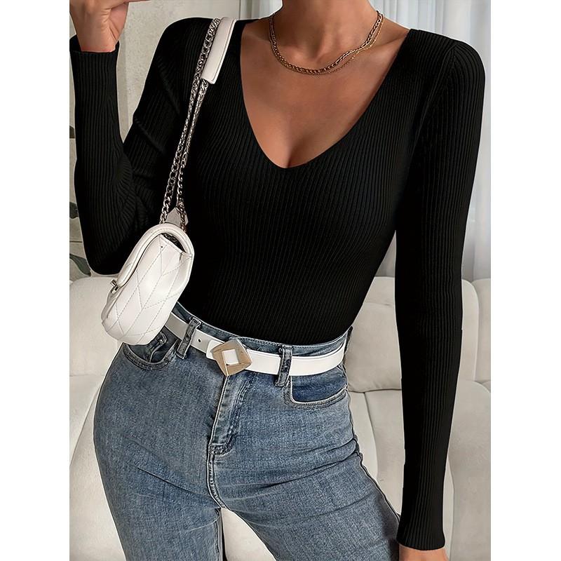 Womens V-Neck Long Sleeve Slim Fit Knit Top - Solid Color Cropped Sweater Layering Casual Chic Style