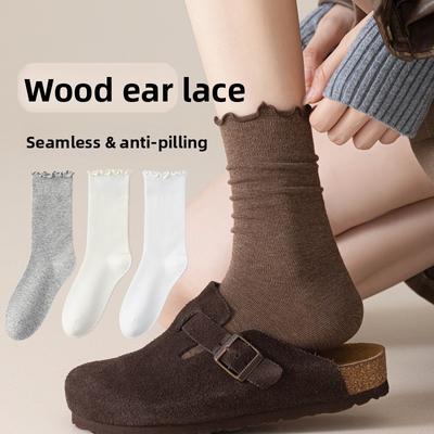 Black Fungus Edge Socks, Women's Solid Color Cotton Mid-calf Socks, Boneless Pile Socks for All Four Seasons, Rolled-up Postpartum Socks, Long Socks