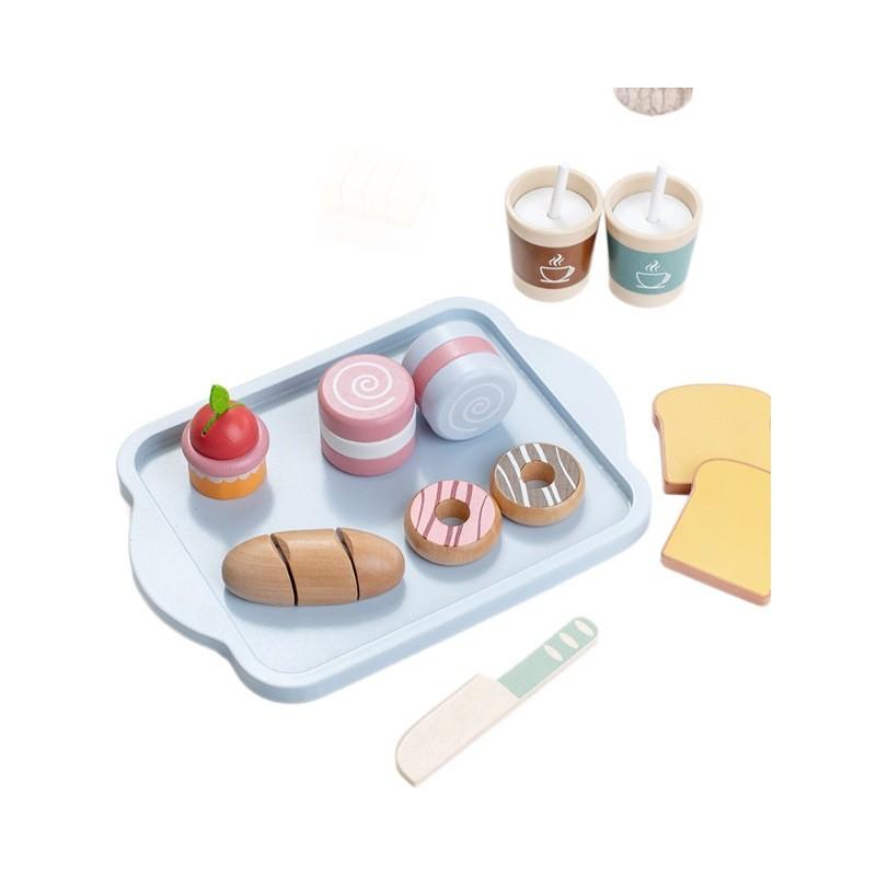 Wooden Play Pretend Kitchen Set With Breakfast Food And Milk For Toy Toddlers