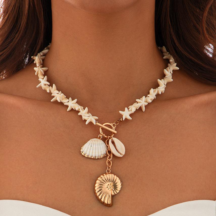 Ingemark Boho White Starfish Chain Necklace for Women Fashion Statement Elegant Conch Snail Pendant Choker Aesthetic Y2K Zircon