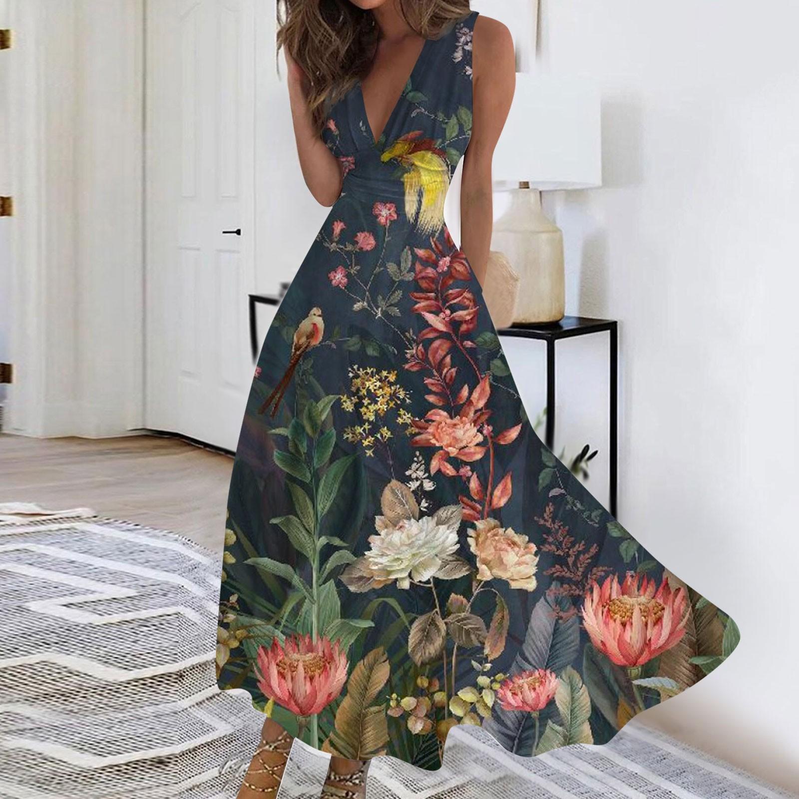 

Женское длинное платье Платье макси Повседневное платье Летнее повседневное платье без рукавов с v-образным вырезом в стиле бохо с талией и цветочным принтом M