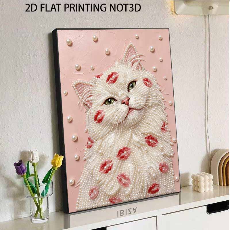 Easy DIY Framed Pearl Bead Painting Kit with Romantic Kiss Lips White Cat 3D Sparkling Canvas Art for Home Decoration Gift Idea