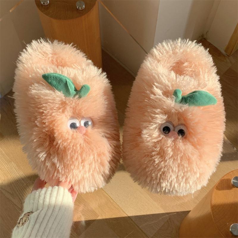 Female winter cute little orange plush cotton slippers warm home indoor confinement soft bottom bag head slippers