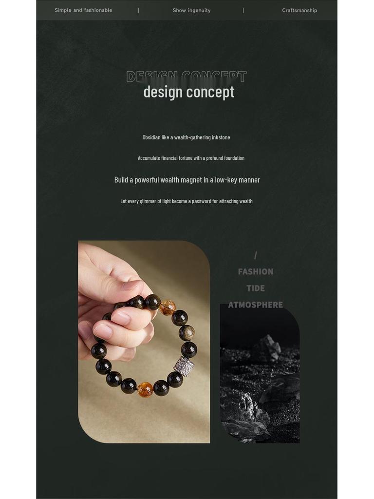 Herren High-End Retro Chinesischer Stil Armband: 999 Sterlingsilber mit natürlichem goldenem Obsidian und gelben Turmkristallperlen