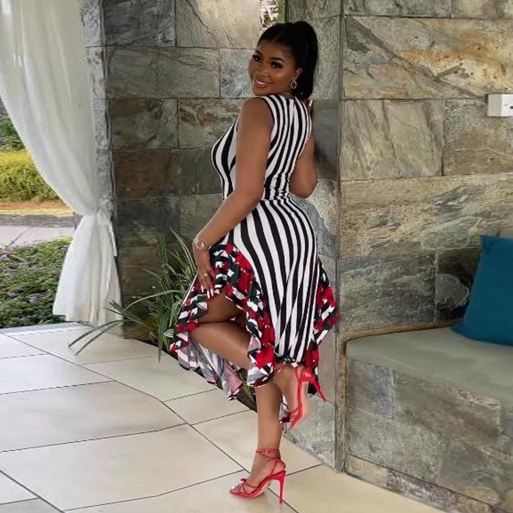 European & American Women's Sleeveless Striped Ruffle Print Dress