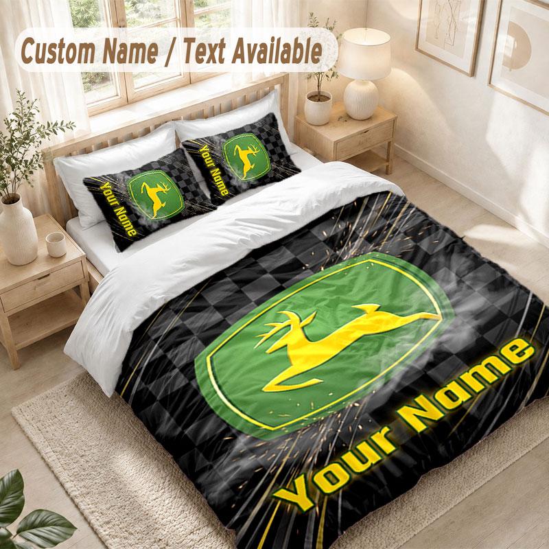 Custom Name Bedding Set 3 PiecesJohn Deere Print Duvet Cover + 2 Pillowcases Soft Bed Decor