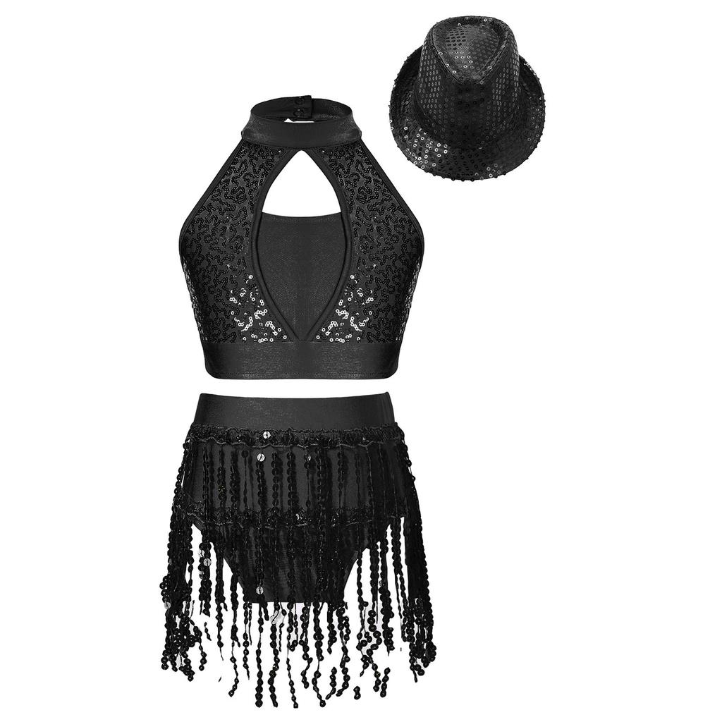 Girls Sleeveless Mock Neck Hollow Front Keyhole Back Sequin Patchwork Crop Top Sequins Tassel Briefs Hat