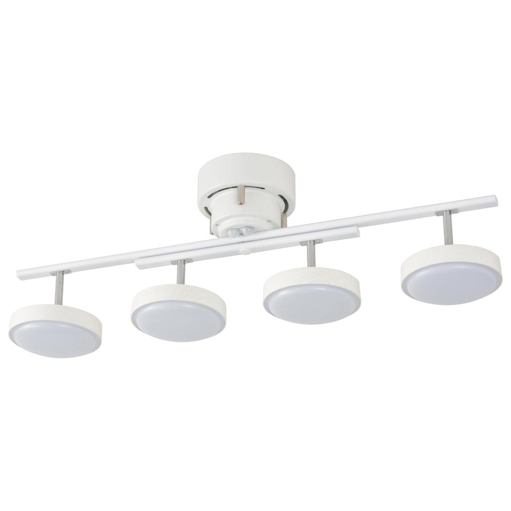 OHM LED Ceiling Light, 4 Lights, Dimmable and Color Adjustable, Suitable for 8 Tatami Mats, Spotlight, Nordic White Wood Design, Simple and Stylish,