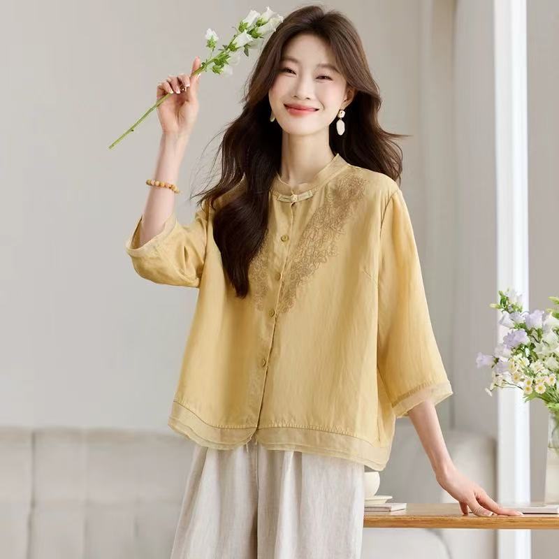 Loose Fit Stand Collar Long Sleeve Cotton Linen Blend Floral Shirt M