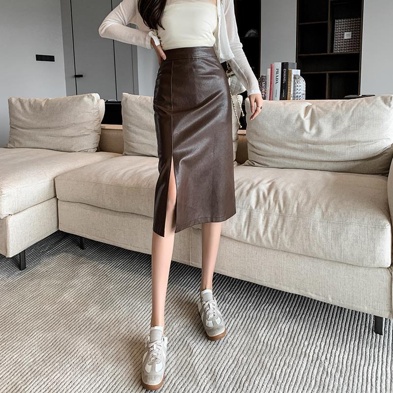2024 Autumn/Winter High-Waisted PU Leather Bodycon Midi Pencil Skirt