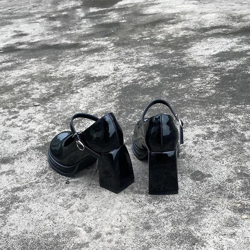 Primavara Vara Pantofi noi frantuzesti retro femei punk stralucitor gros toc inalt cap patrat Mary Jane pantofi pentru femei cu tocuri cu platforma