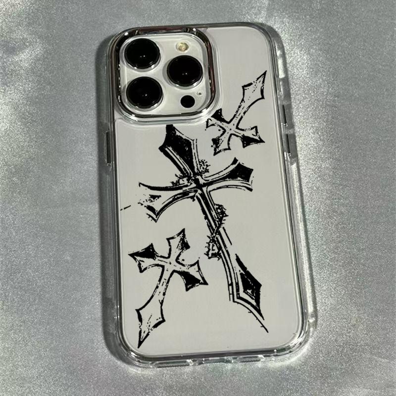 The Dark Cross Electroplated Lens Frame Clear Phone Case for iPhone 17 Air 16 15 14 13 12 11 Pro Max XS Max X TPU Soft Cover