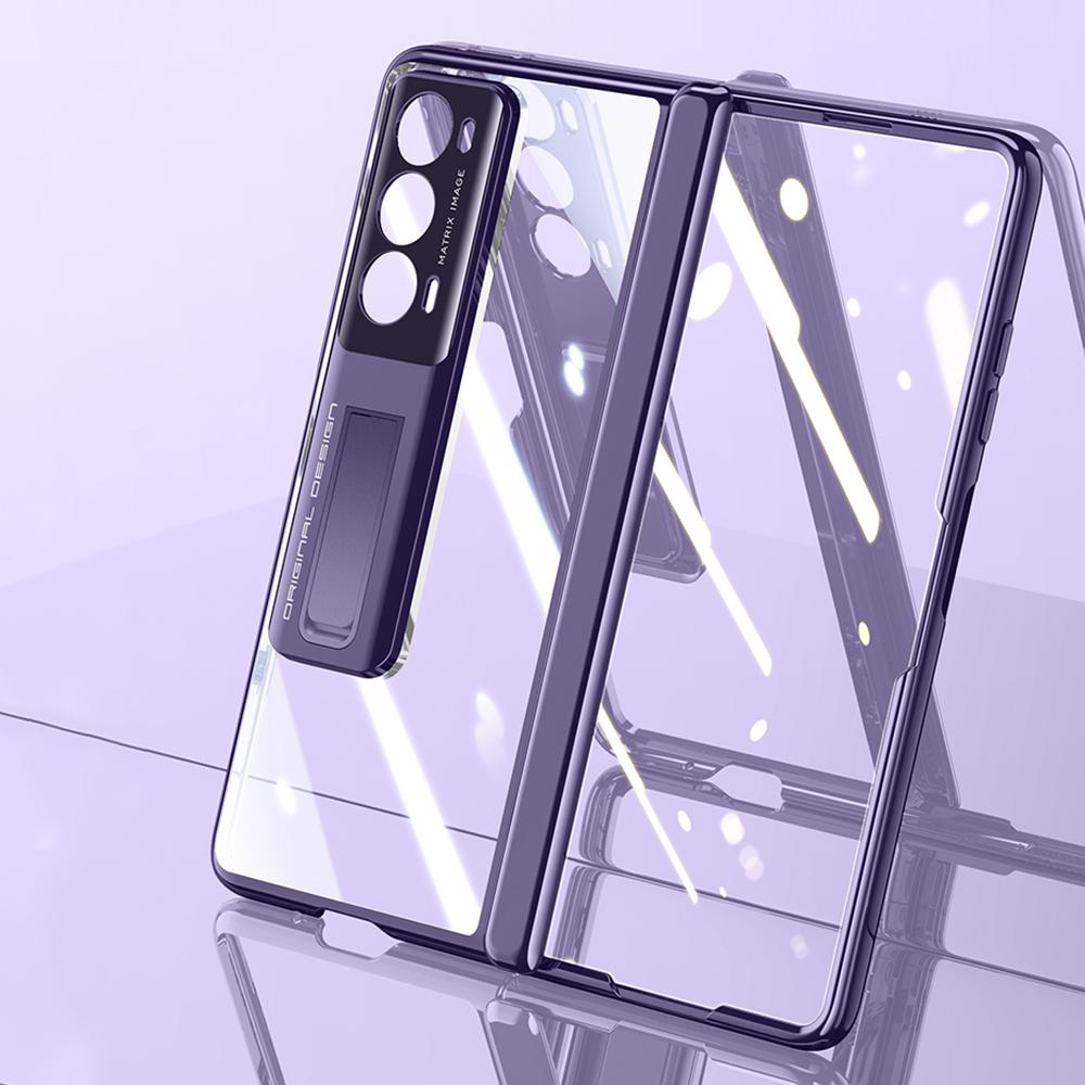 Für Honor Magic V2 5G Scharnierschutz Ständerhülle Transparentes PC Galvanisiertes Handyhülle mit Blickschutz Panzerglasfolie