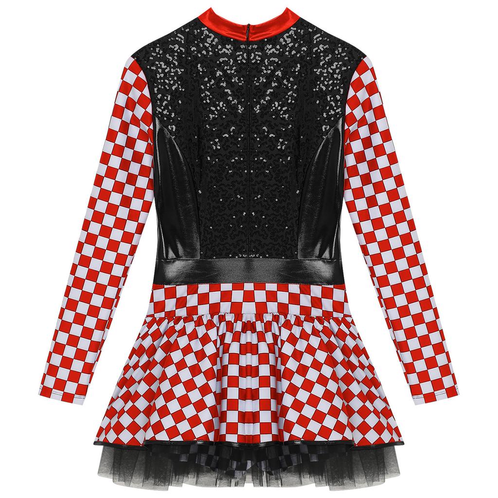 Damen Rennfahrerin Kostüm Schachbrettmuster Langarm Pailletten A-Linie Tüllrock Shorts Fahrerkleid