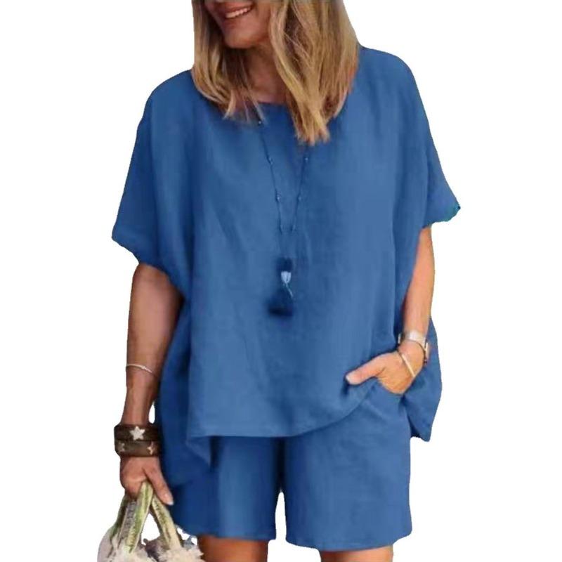 women's Solid Color Batwing Short Sleeve Loose Top High Waist Casual Shorts Summer Two Piece Outfit Set
