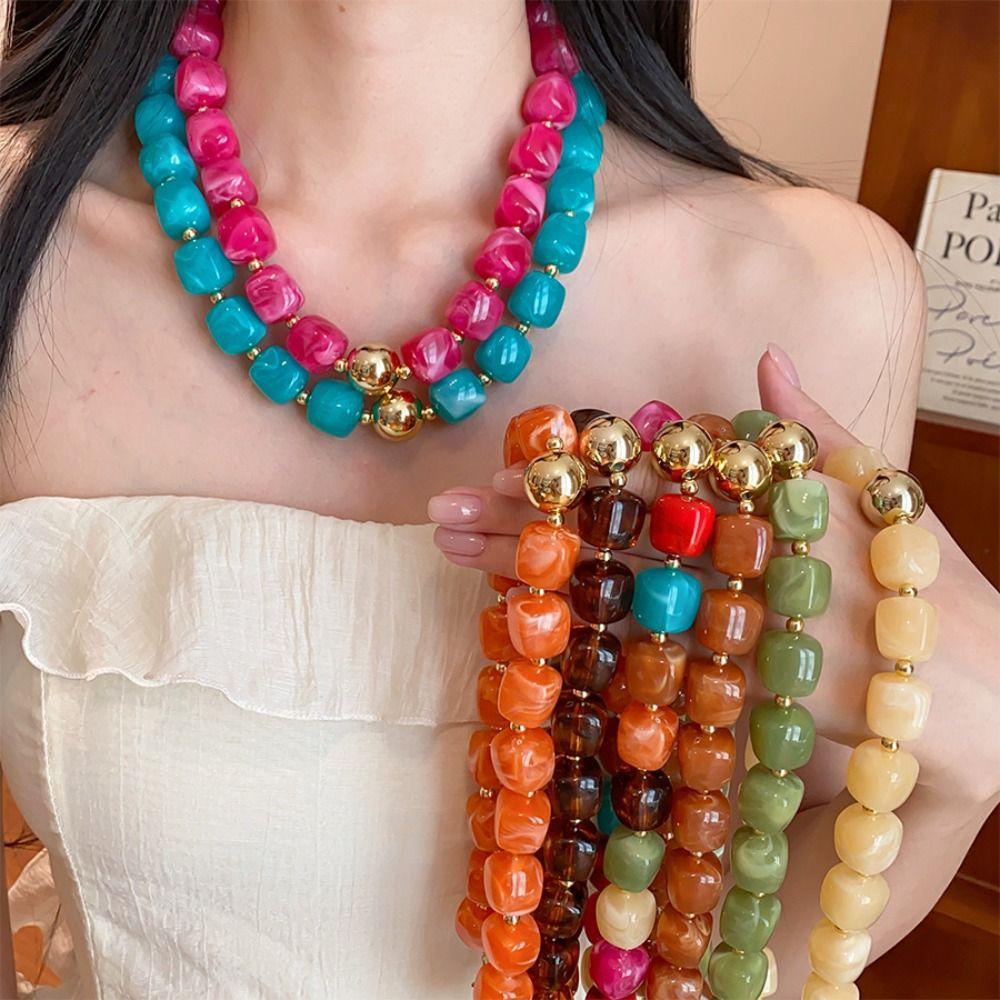 Smudge Effect Resin Beaded Chokers Multi Color Acrylic Pendant Chain Vintage Choker For Women