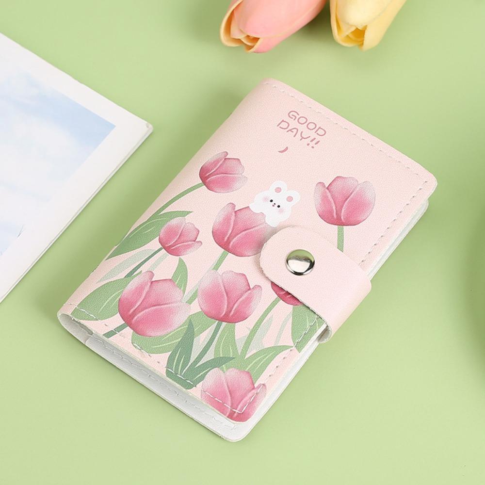 

Portable Large Capacity Card Storage Bag Multi-card Slot PU Leather Short Card Bag Bunny Tulip Print Credit Card Holder Women