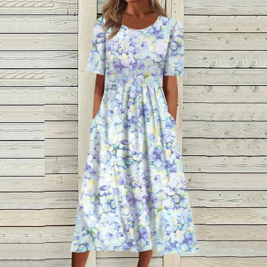 Dámské letní šaty s krátkým rukávem Ležérní květinový potisk Midi šaty s kulatým výstřihem a kapsami Splývavé plážové letní šaty do A