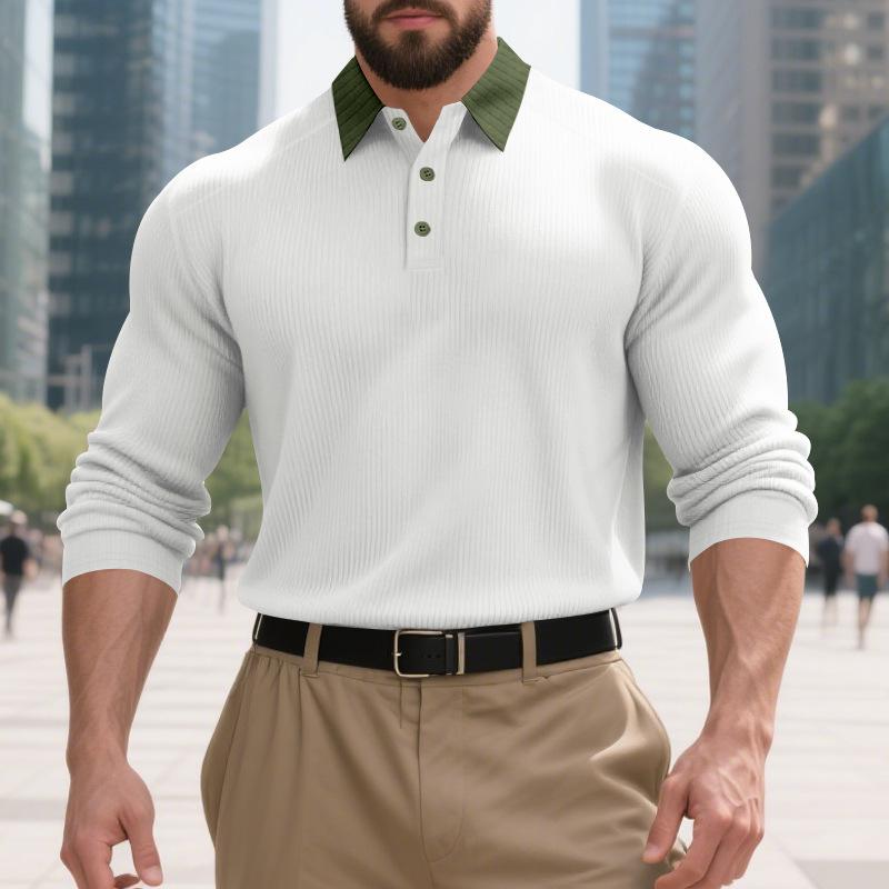 Mens American Turn Down Collar Heavy Weight Color Block Casual Long Sleeve Polo Shirt
