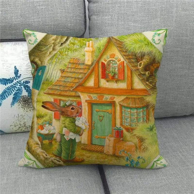 Happy Home Pillowcase Funny Rabbit Easter Egg Print Cushion Cover Pastoral Cartoon Hare Pattern