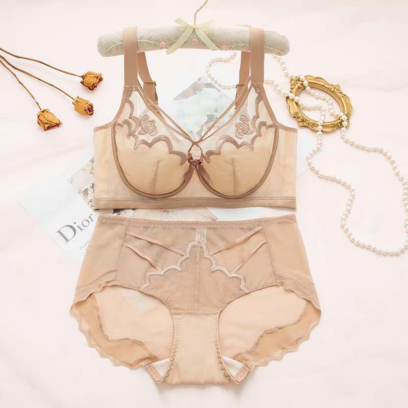 Sexy 3D Embroidered Lace Shell Cup Bra Set for Side Breast Enhancement and Smaller Busts