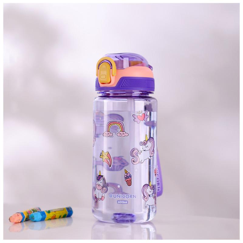 600ml Water Bottle Cartoon Animal Portable Safety Lock Straw Cup Kids Leak-proof Summer Drinking Jug for Outdoor Camping Travel