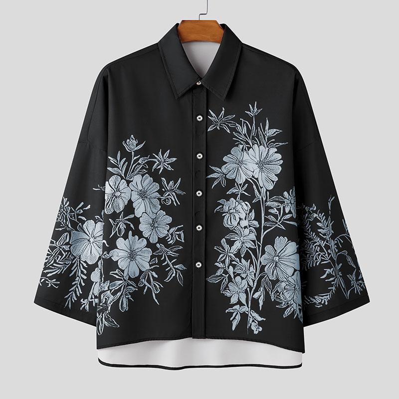 

INCERUN Oversized Men Turn-down Collar 3/4 Sleeve Buttons Floral Print Casual Shirts 3XL чорний