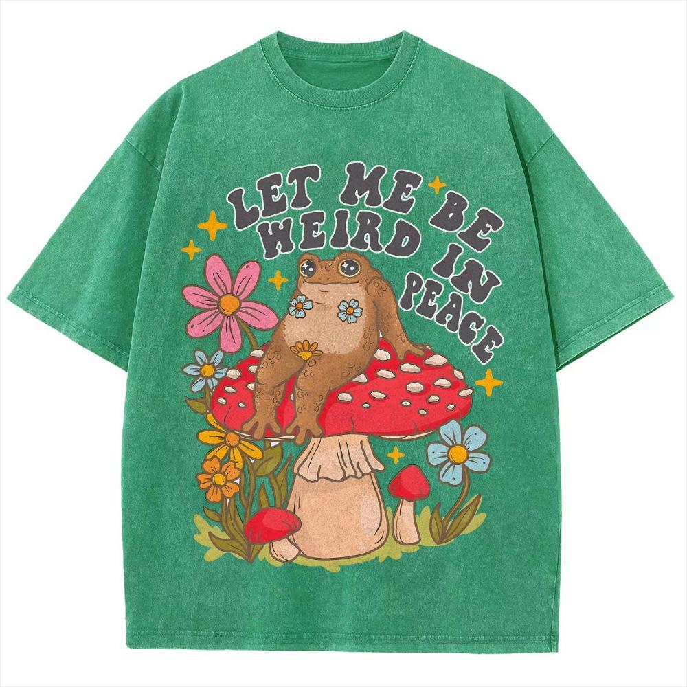 Lazy Cute Frog Mushroom Flower Print T-Shirt Retro Washed De