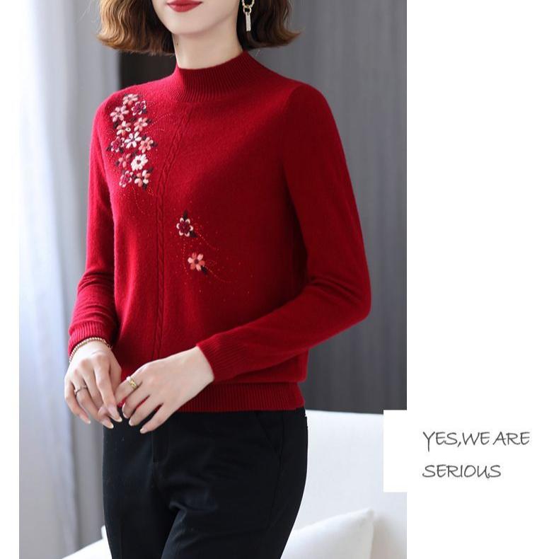 Women's Wool Sweater Round Neck Embroidery Knit Sweater Loose Plus Size Sweater Short Pullover Knitwear Spring Fall Winter