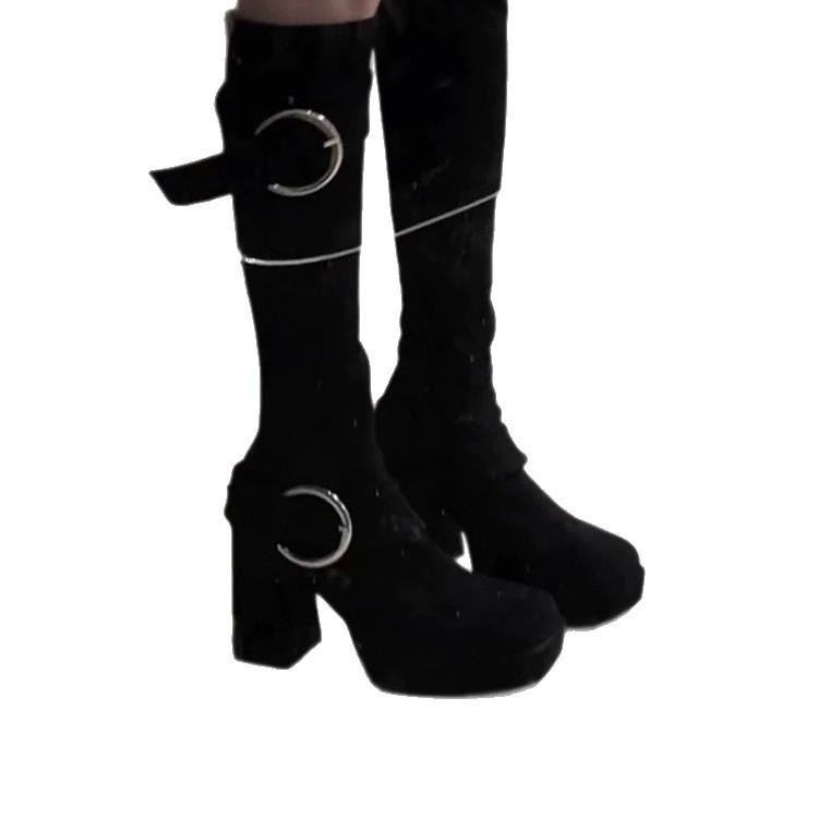 2025 Autumn and Winter New Retro Suede Thick Heel Medium Heel Round Head Tall Knight Boots European and American Pleated Stacked Cowboy Boots