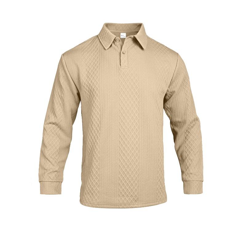 Men's New Solid Color Textured Jacquard Polo Sweatshirt, Lapel Long Sleeve Loose Fit Button Casual Pullover, European American Style