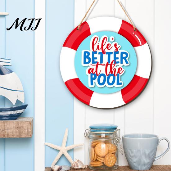 Summer Party Supplies Wooden Swim Ring Hanging Sign for Pool Decoration, Beach Theme Wall Rustic Decor Art with Hemp Rope, Double Layer Seaside