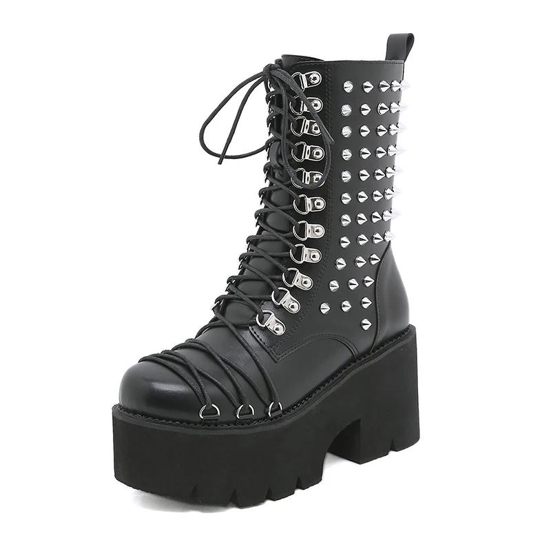 Fashion Women Motorcycle Punk Boots Mori Girl Lady Lolita Boots Woman High Top Boots Platform Fashion Rivets Goth Dark