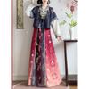 Chinese Tang Dynasty Beizi Hanfu Set, Printed Cardigan Ethnic Style One-Piece Waist Skirt Daily Wear