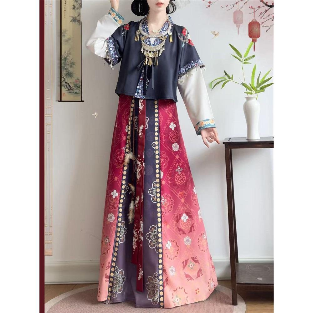 Chinese Tang Dynasty Beizi Hanfu Set, Printed Cardigan Ethnic Style One-Piece Waist Skirt Daily Wear