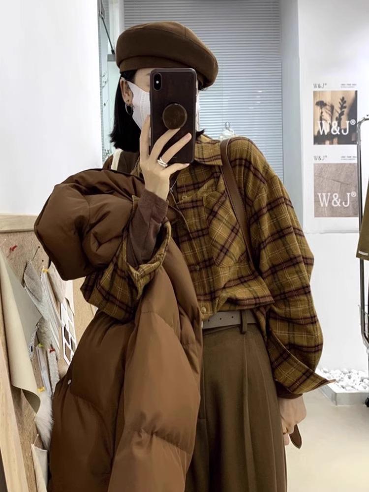 Women s Retro Plaid Thickened Brushed Long-Sleeve Shirt Jacket for Autumn and Winter M