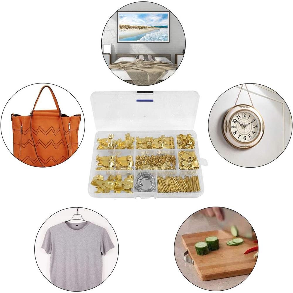 250 st Bildkrokar Bildhängningssats Kraftiga Bildhängare Med Bildtråd, Spikar, Sågtand, D-ring, Skruvöglor