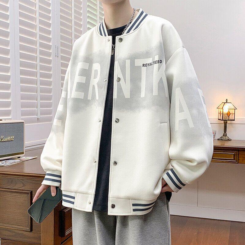 Men's Spring/Fall American Baseball Jacket: Trendy Hong Kong Style for Teens with Round Neck and Stylish Print