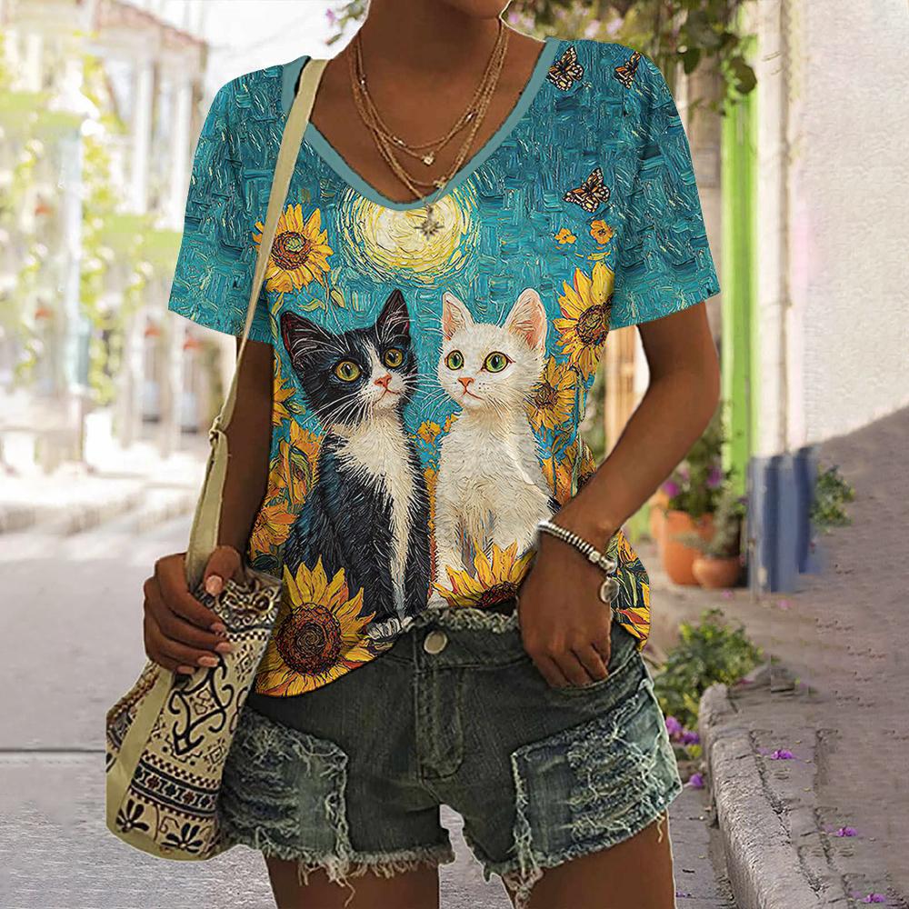 Daily Fashion V-neck Short Sleeve Tops Sunflower Patterns Printed Plus Size Loose Women's Clothing Outdoor T-Shirt