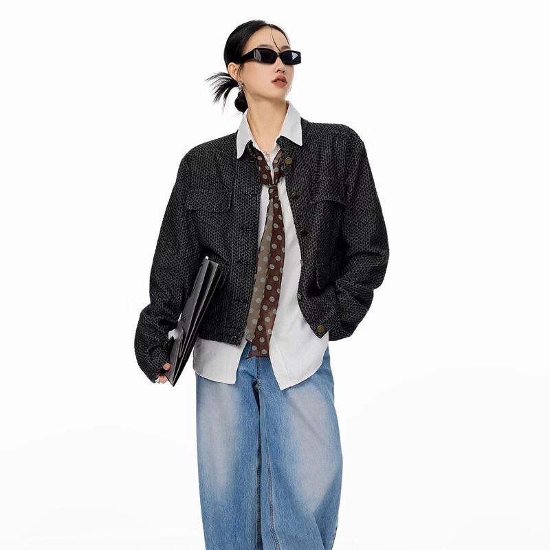 ICH MODE Women's American Style Textured Denim Cardigan Jacket