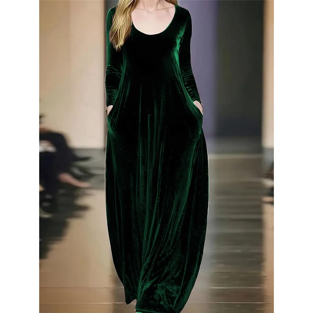Women's Long-sleeved Round Neck Gold Velvet Elegant Long Dress