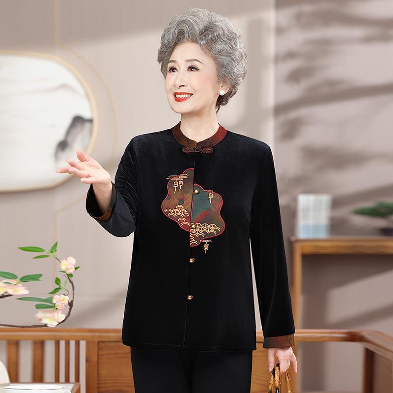

Stylish Long-Sleeve Tang Suit Shirt for Middle-Aged & Elderly Women 4XL (suggested weight 130-145 jin) чёрный