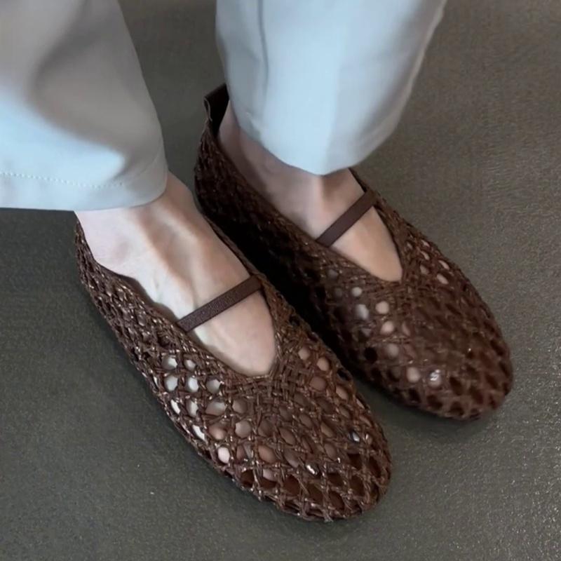 

Fashion Mary Jane Women s Shoes 2025 Summer New Fashion Hollow Sandals Trend Soft Single Flat Shoes Roman Style Weave Women Flat Sandals 40 коричневый